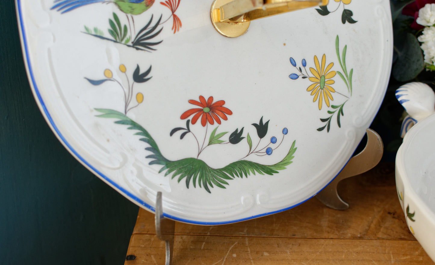 1970s ~ "Oiseau des Paradis" Faiencerie de GIEN ~ French Vintage Ironstone Hand-Painted Porcelain Serving Pieces ~ Terre de Fer