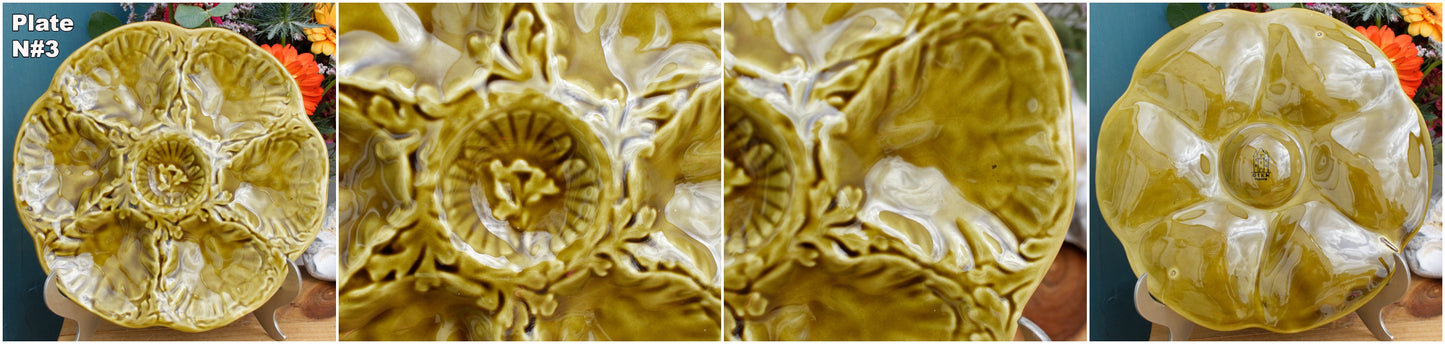 1960s GIEN France French Vintage BARBOTINE Olive Green Oyster "Huître" Shellfish Plate with 6 Wells Ceramic Majolica