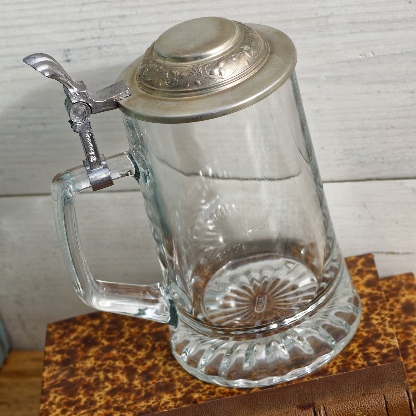 W. Germany ALWE ~ Germain Vintage Glass Beer Stein Mug with Pewter Embossed Hinged Lid\