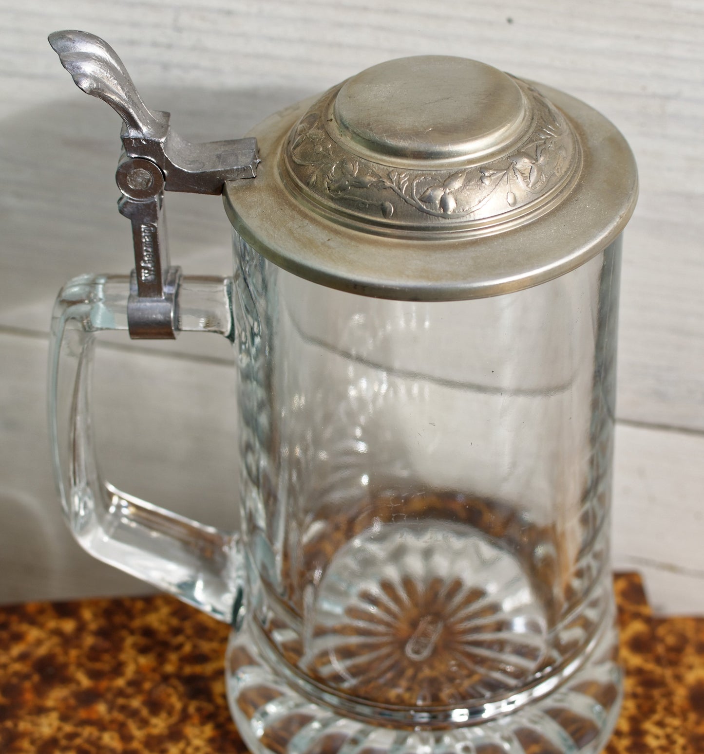 1980s ~ W. Germany ALWE ~ Germain Vintage Glass Beer Stein Mug with Pewter Embossed Hinged Lid