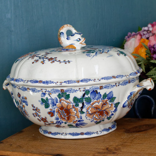 GIEN Coq Motif French Antique Ironstone Soup Tureen Soupiere Terre de Fer en Faience Coq Rooster Peony Motif
