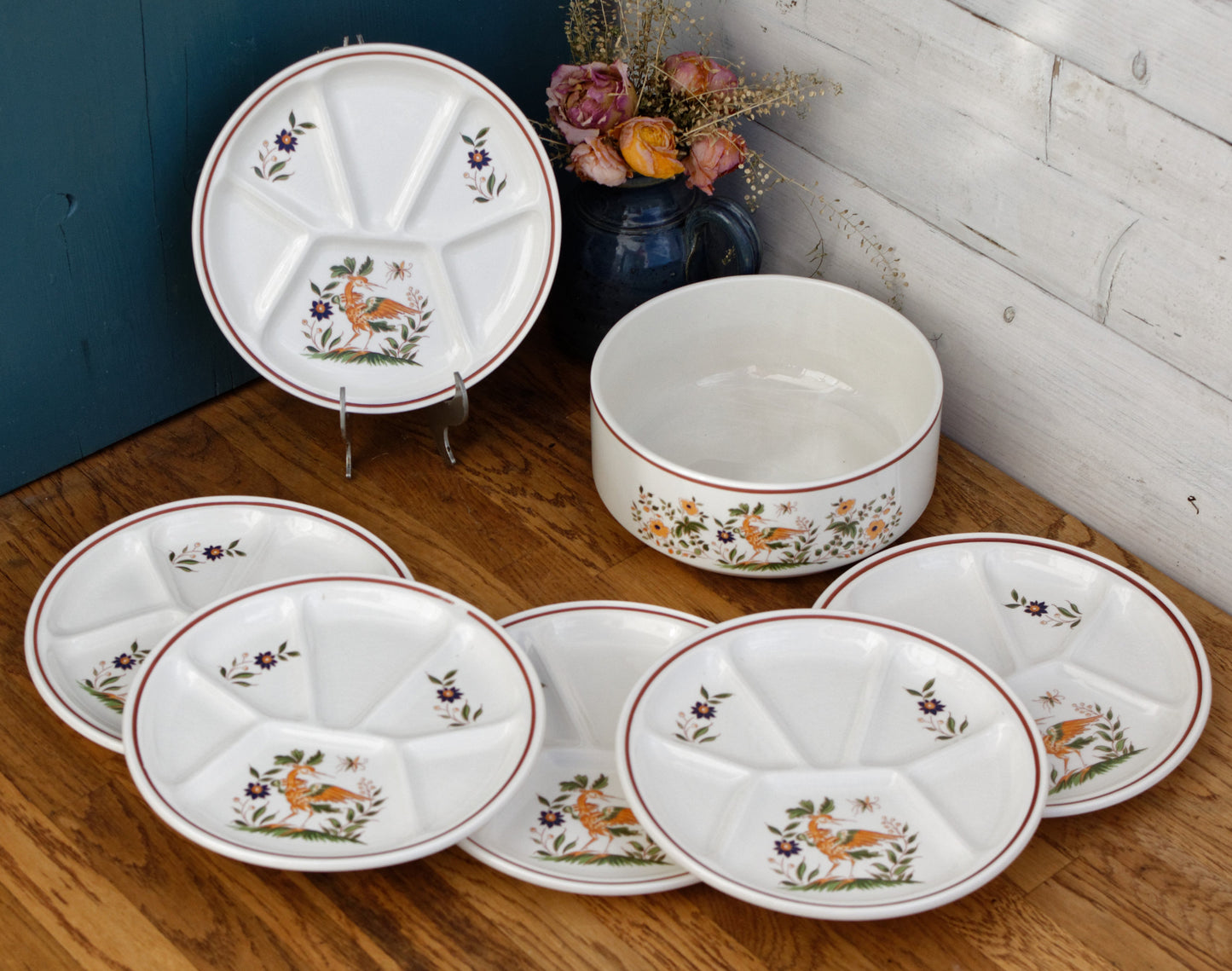 GIEN France Bird Scene oiseaux French Vintage Compartment Fondue Divider Plate & Salad Bowl Terre de Fer