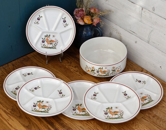GIEN France Bird Scene oiseaux French Vintage Compartment Fondue Divider Plate & Salad Bowl Terre de Fer