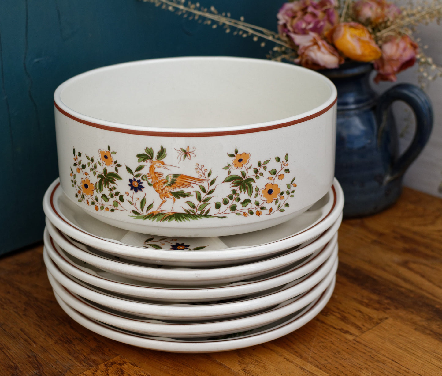 GIEN France Bird Scene oiseaux French Vintage Compartment Fondue Divider Plate & Salad Bowl Terre de Fer