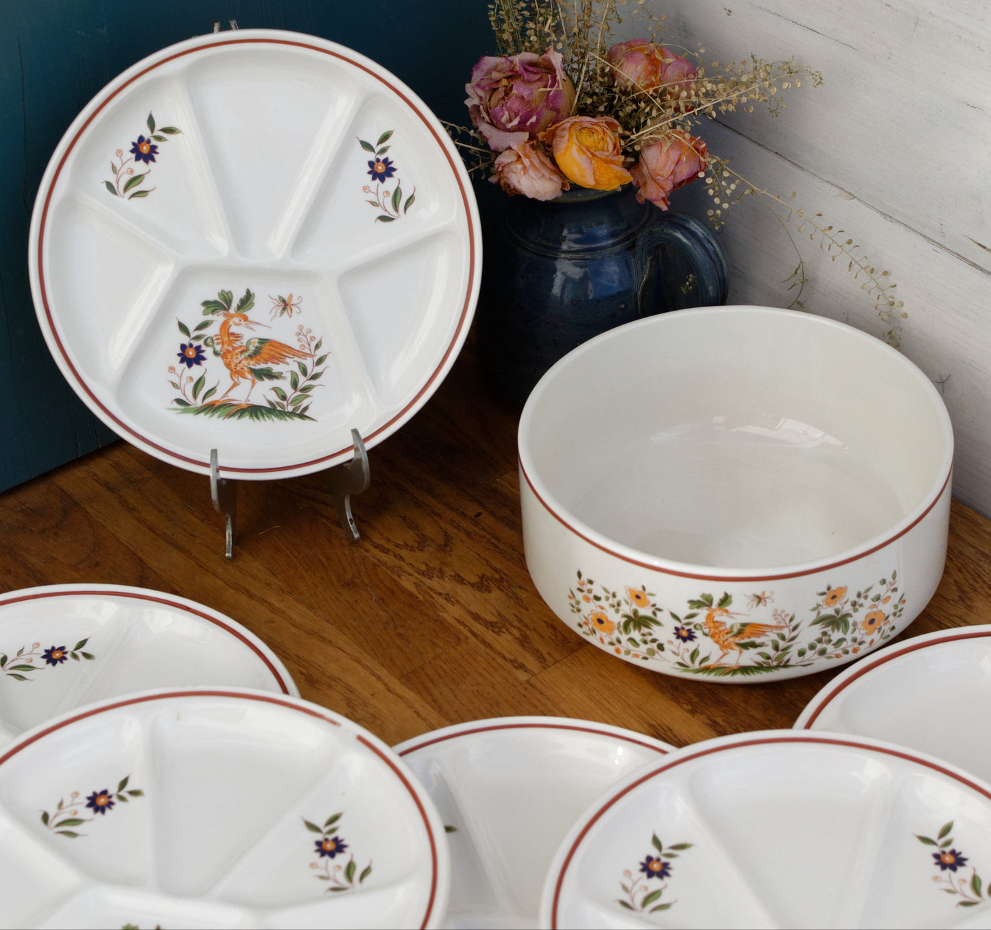 GIEN France Bird Scene oiseaux French Vintage Compartment Fondue Divider Plate & Salad Bowl Terre de Fer