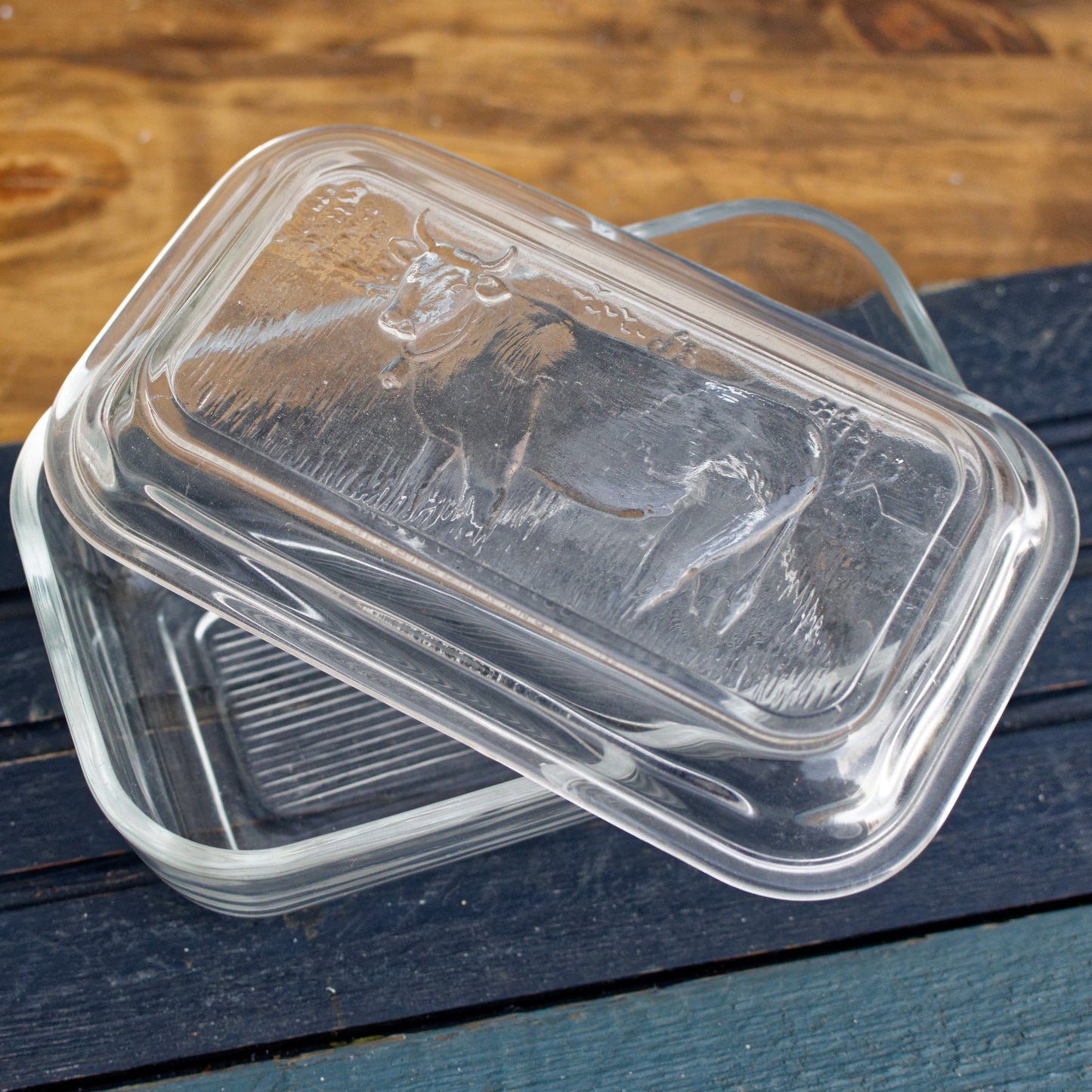 French Vintage Glassware Arcoroc Butter Dish with Embossed Cow Lid Glass Butter Storage Dish