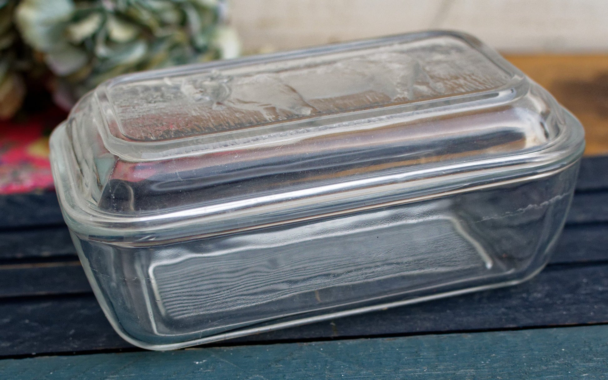 French Vintage Glassware Arcoroc Butter Dish with Embossed Cow Lid Glass Butter Storage Dish