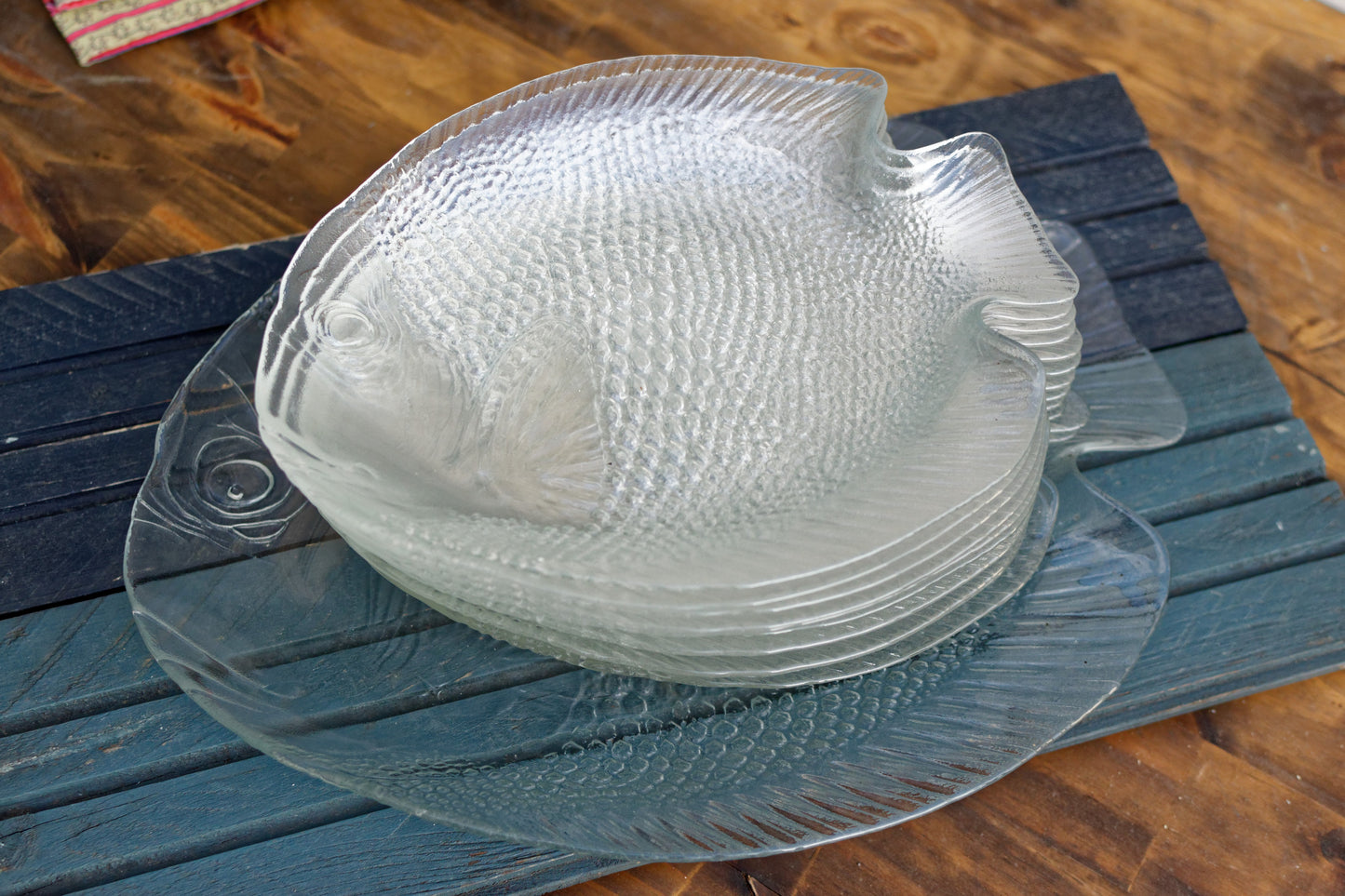 French Vintage Clear Transparent Glass Fish Shaped Embossed Plate ARCOROC France