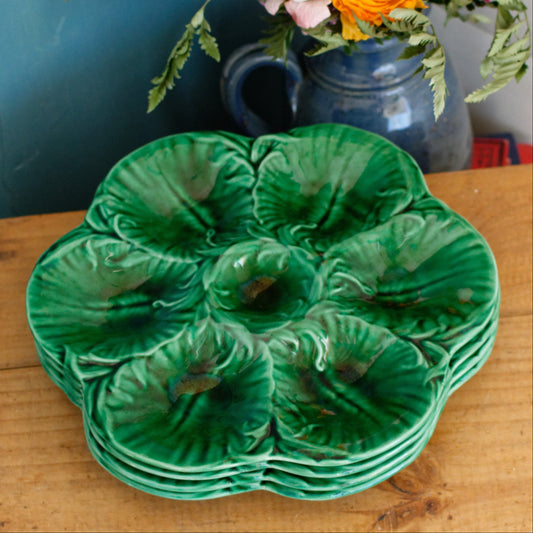 French Vintage BARBOTINE Green Oyster "Huître" Shellfish Plate with 6 Wells ~ Ceramic Majolica