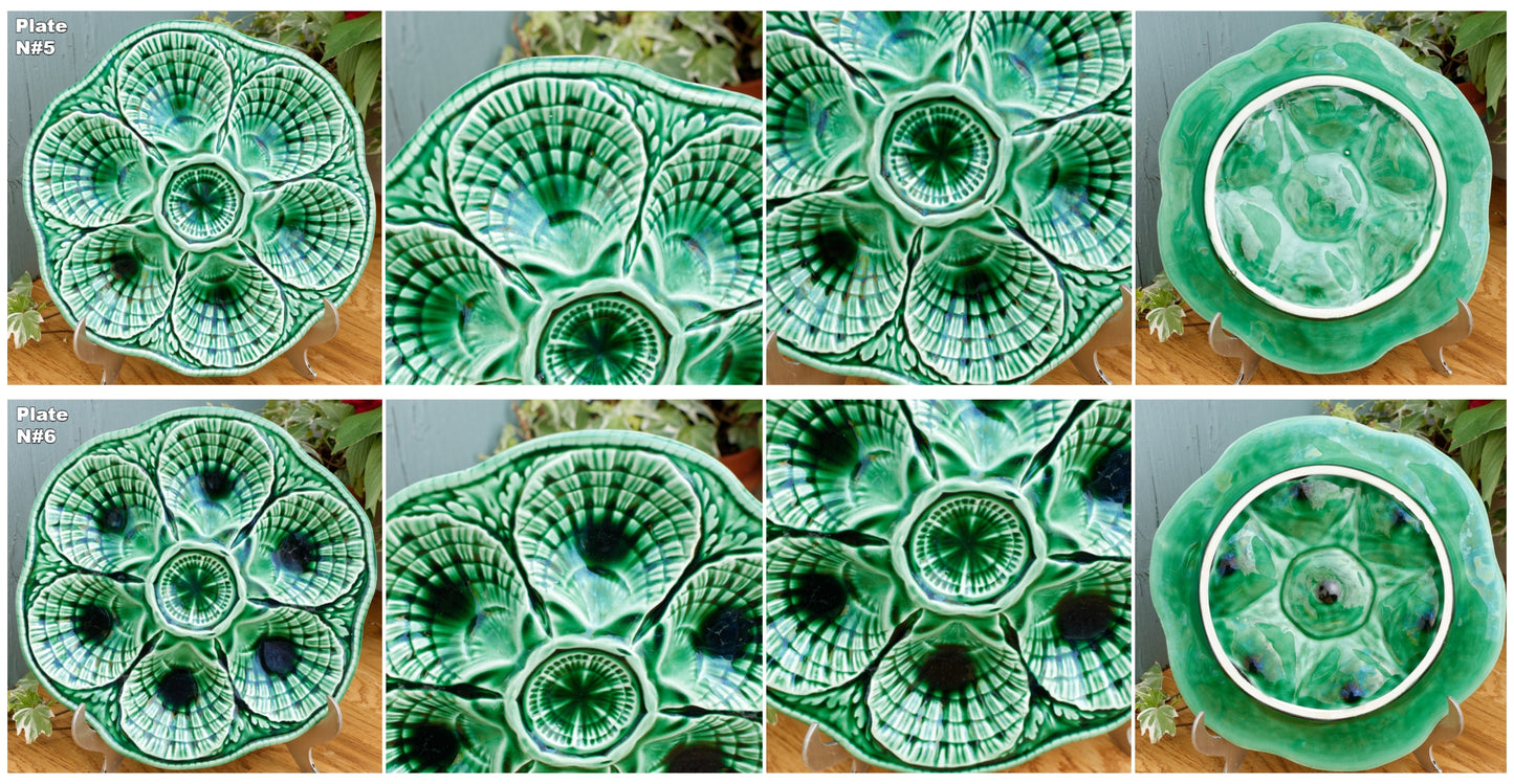 1960s ~ SARRUGUEMINES ~ French Vintage BARBOTINE Green Oyster "Huître" Shellfish Plate with 6 Wells ~ Made in France