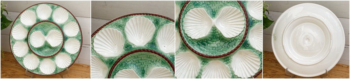 French Vintage BARBOTINE Majolica Green & White Oyster "Huître" Shellfish Platter Plate with 12 Wells Basket Weave Pattern Made in France