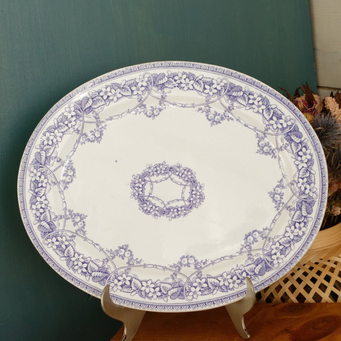 1800s Henry Burgess (HB) Burslem Bone China Antique English Ironstone Lavender Pattern Oval Serving Plate Terre de Fer lion unicorn