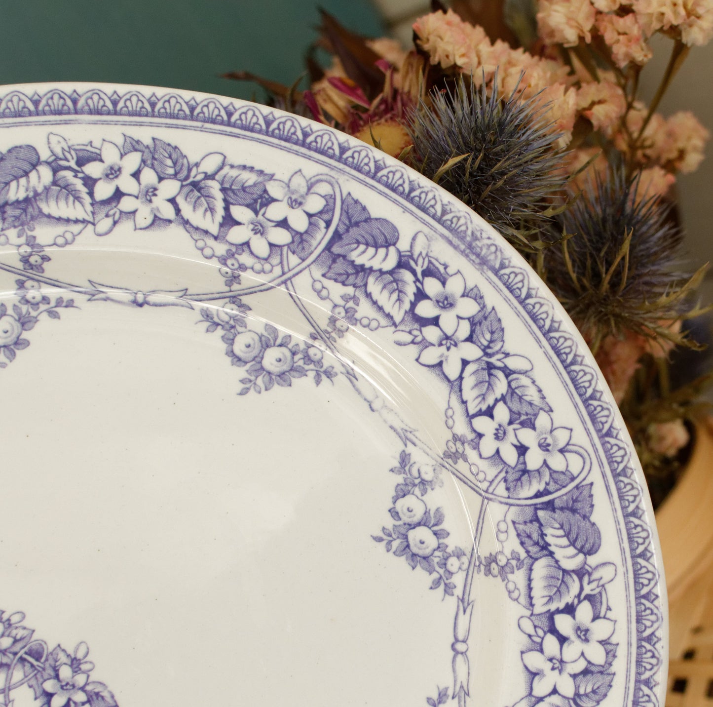 1800s Henry Burgess (HB) Burslem Bone China Antique English Ironstone Lavender Pattern Oval Serving Plate Terre de Fer lion unicorn