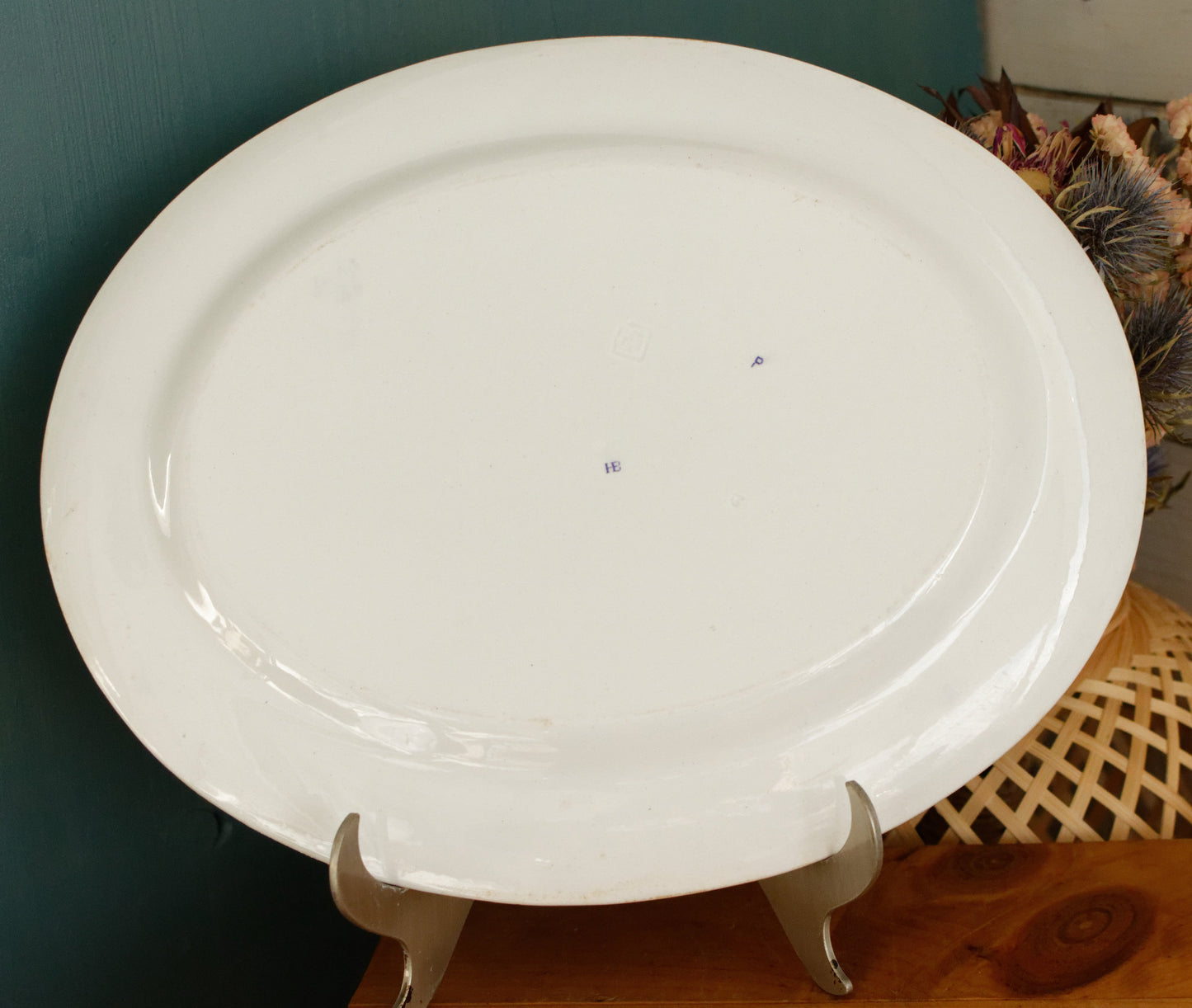 1800s Henry Burgess (HB) Burslem Bone China Antique English Ironstone Lavender Pattern Oval Serving Plate Terre de Fer lion unicorn