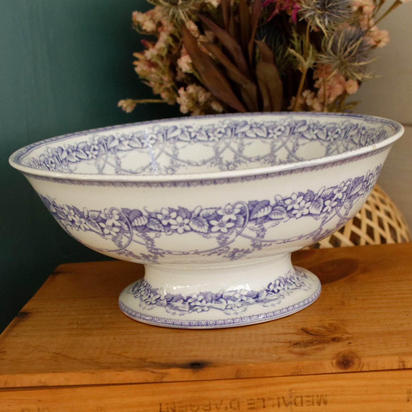 Henry Burgess (HB) Burslem Bone China Antique English Ironstone Lavender Transferware Serving Bowl Terre de Fer Lions Unicorn