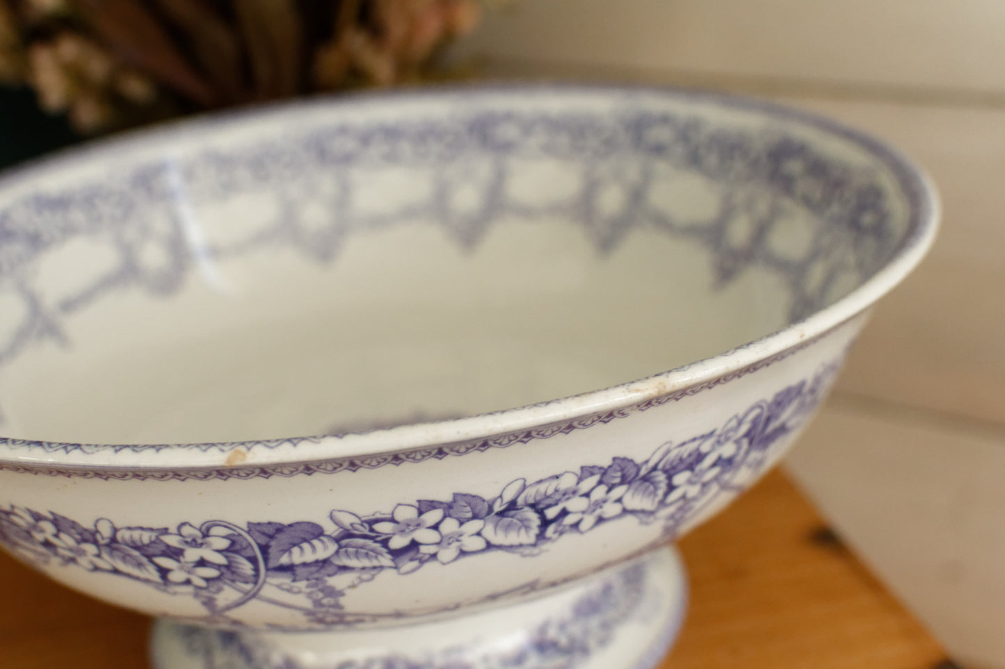 Henry Burgess (HB) Burslem Bone China Antique English Ironstone Lavender Transferware Serving Bowl Terre de Fer Lions Unicorn