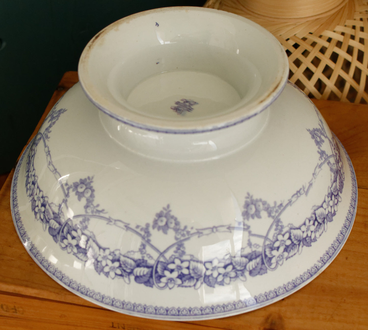 Henry Burgess (HB) Burslem Bone China Antique English Ironstone Lavender Transferware Serving Bowl Terre de Fer Lions Unicorn