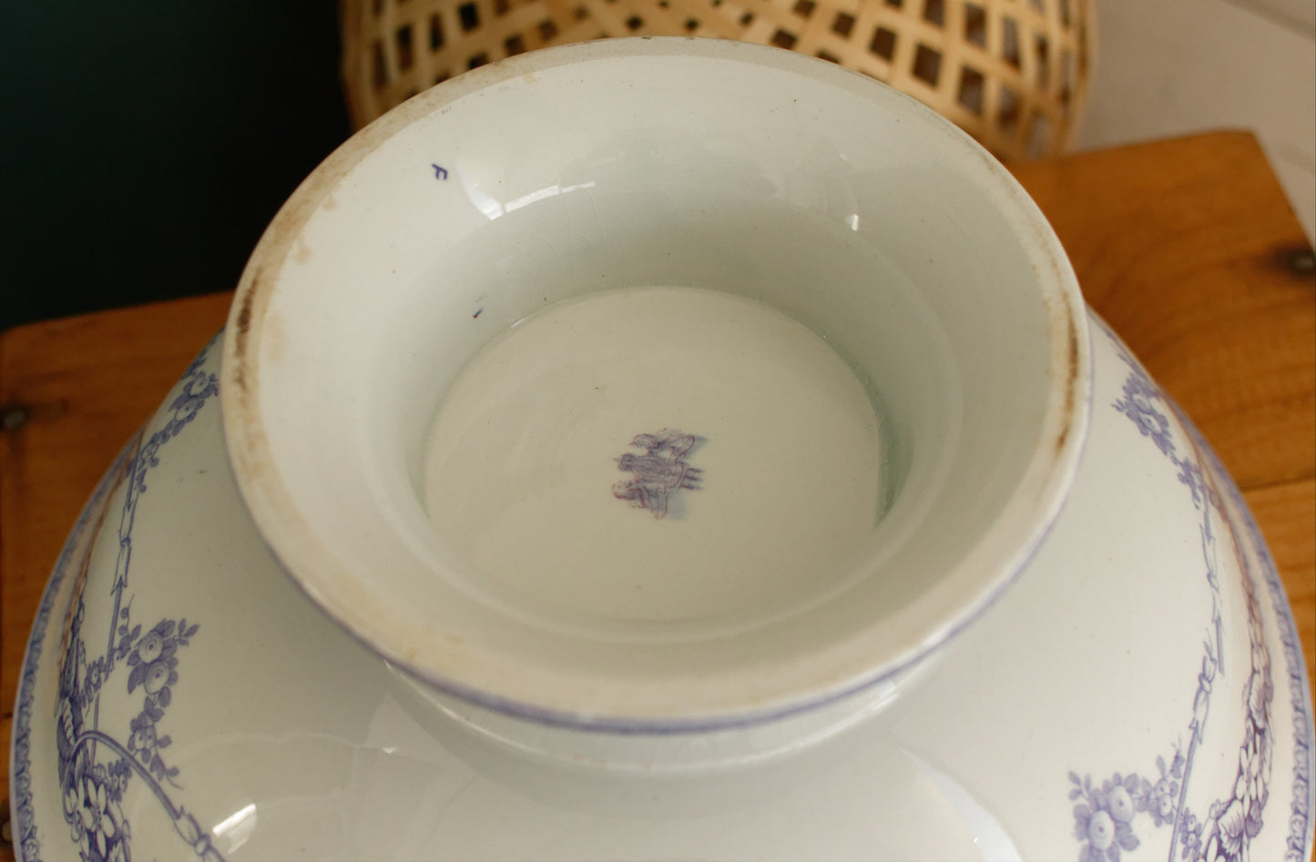 Henry Burgess (HB) Burslem Bone China Antique English Ironstone Lavender Transferware Serving Bowl Terre de Fer Lions Unicorn