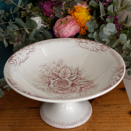 "JARDINERE"Motif Saint Amand Hamage Nord French Antique Ironstone Dark Red Transferware Footed Fruit Bowl "COMPOTIER" Terre de Fer en Faience