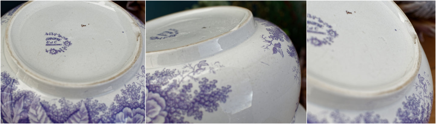 Jardinière Sarreguemines U&C French Antique Collectible Ironstone Lavender Transferware Large Bathroom Pitcher Pot de Chambre BROC CRUCHE Terre de fer en Faience