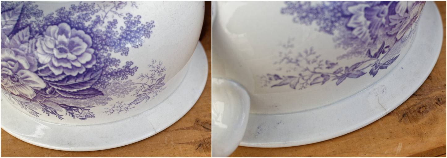 Jardinière Sarreguemines U&C French Antique Collectible Ironstone Lavender Transferware Large Bathroom Pitcher Pot de Chambre BROC CRUCHE Terre de fer en Faience