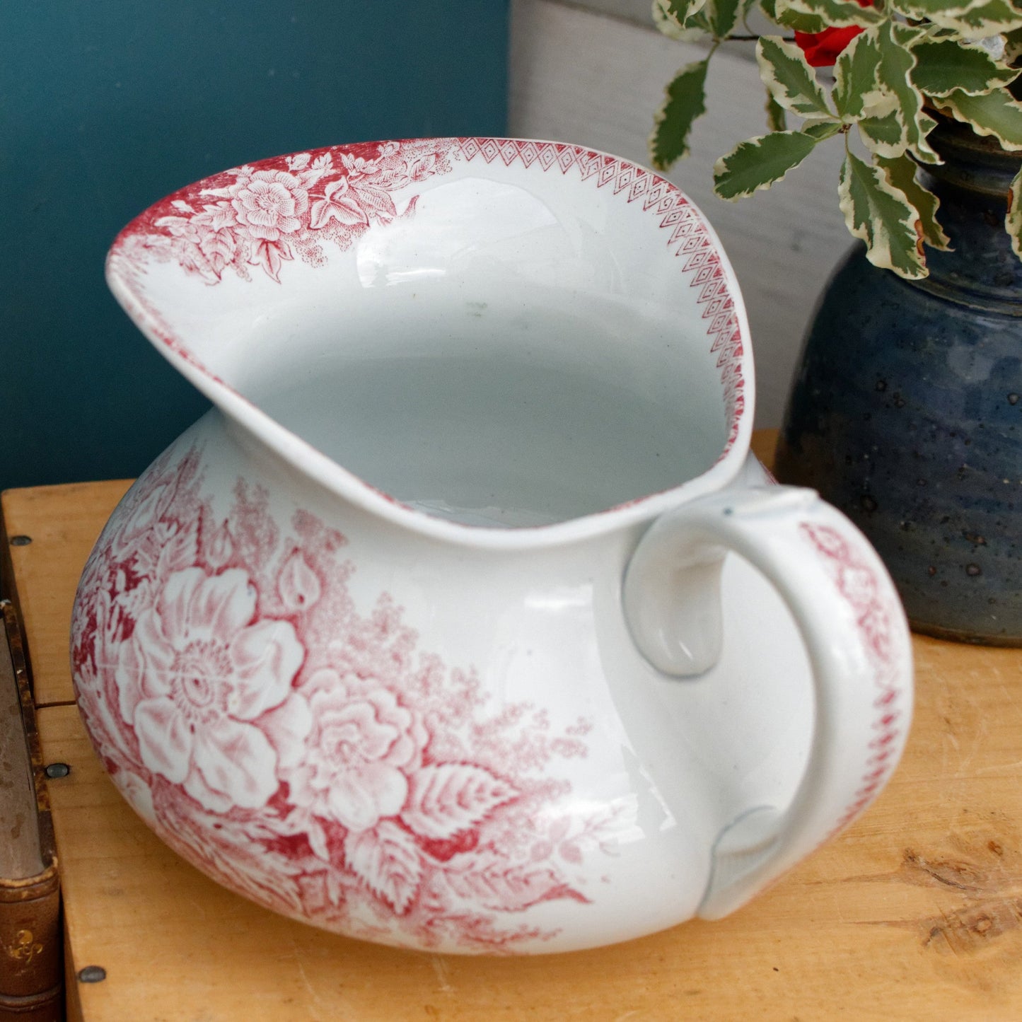 JARDINIERE A.Lebacqz & M.Bouchart St Amand Nord French Antique Collectible Ironstone Red Transferware Bathroom Pitcher BROC Terre de fer