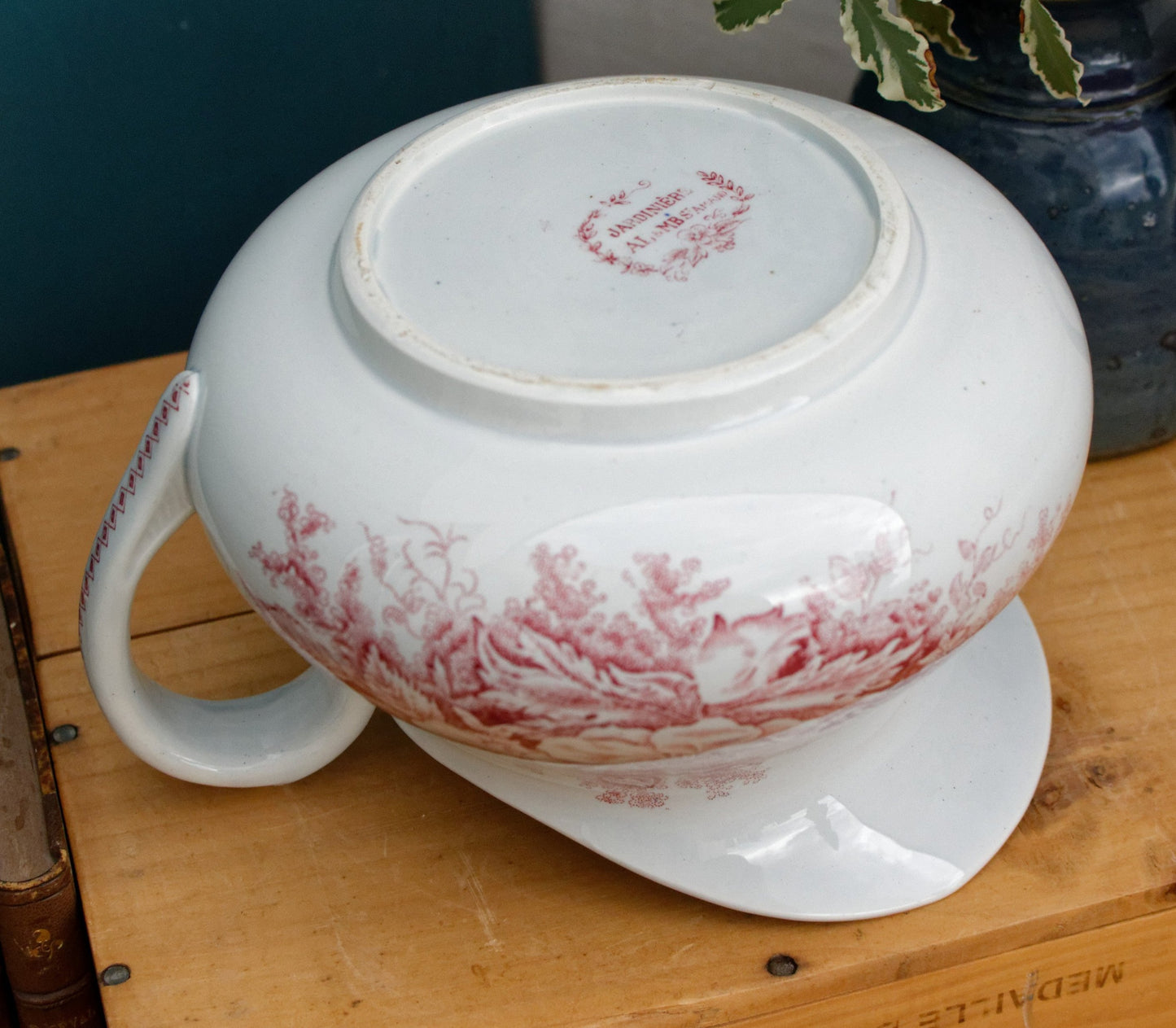 JARDINIERE A.Lebacqz & M.Bouchart St Amand Nord French Antique Collectible Ironstone Red Transferware Bathroom Pitcher BROC Terre de fer