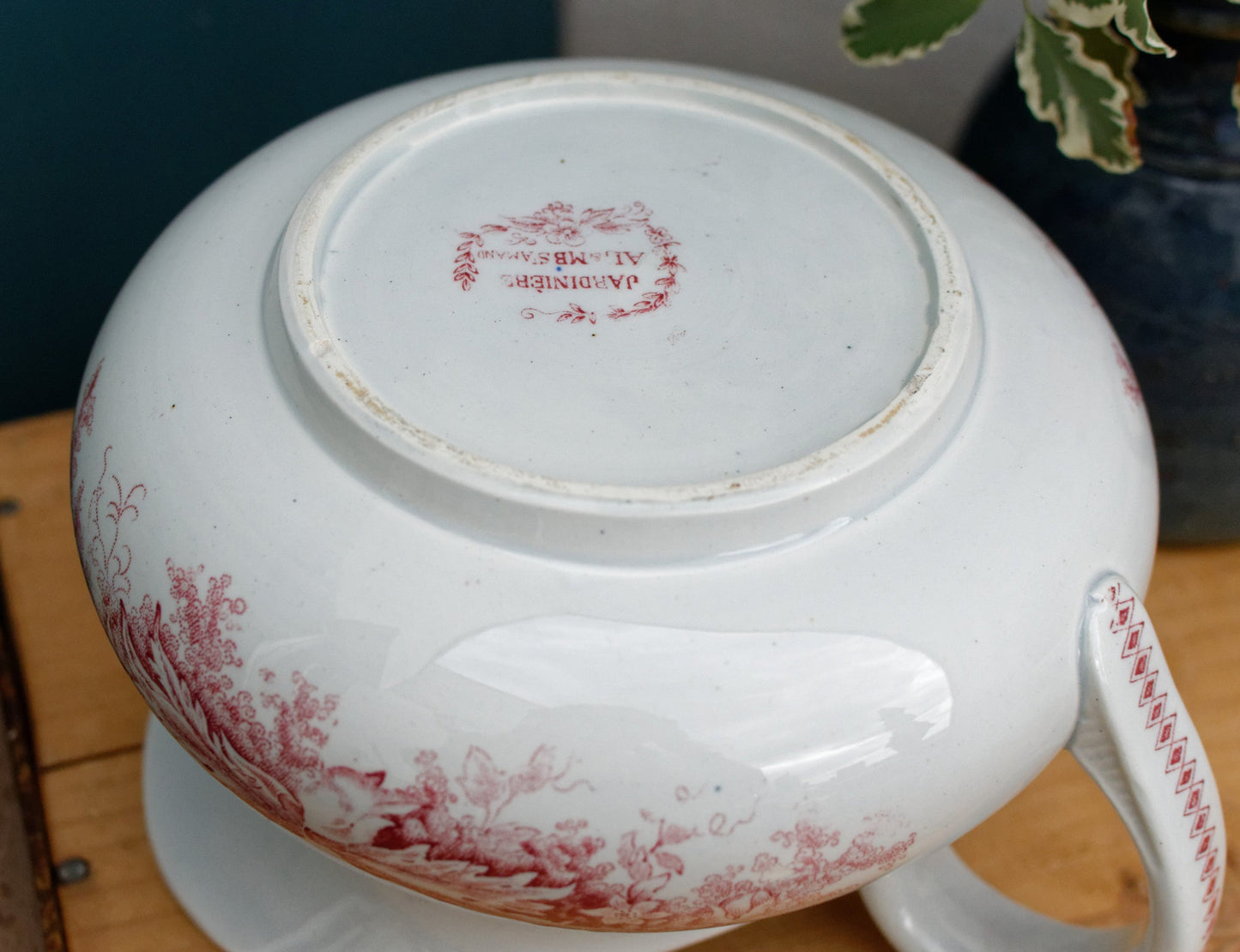 JARDINIERE A.Lebacqz & M.Bouchart St Amand Nord French Antique Collectible Ironstone Red Transferware Bathroom Pitcher BROC Terre de fer