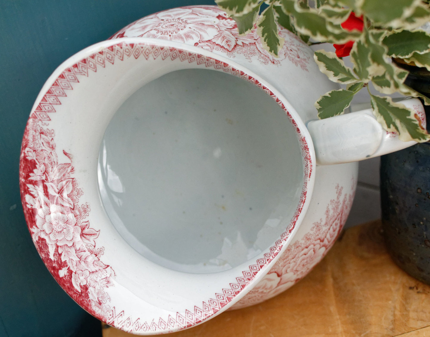 JARDINIERE A.Lebacqz & M.Bouchart St Amand Nord French Antique Collectible Ironstone Red Transferware Bathroom Pitcher BROC Terre de fer