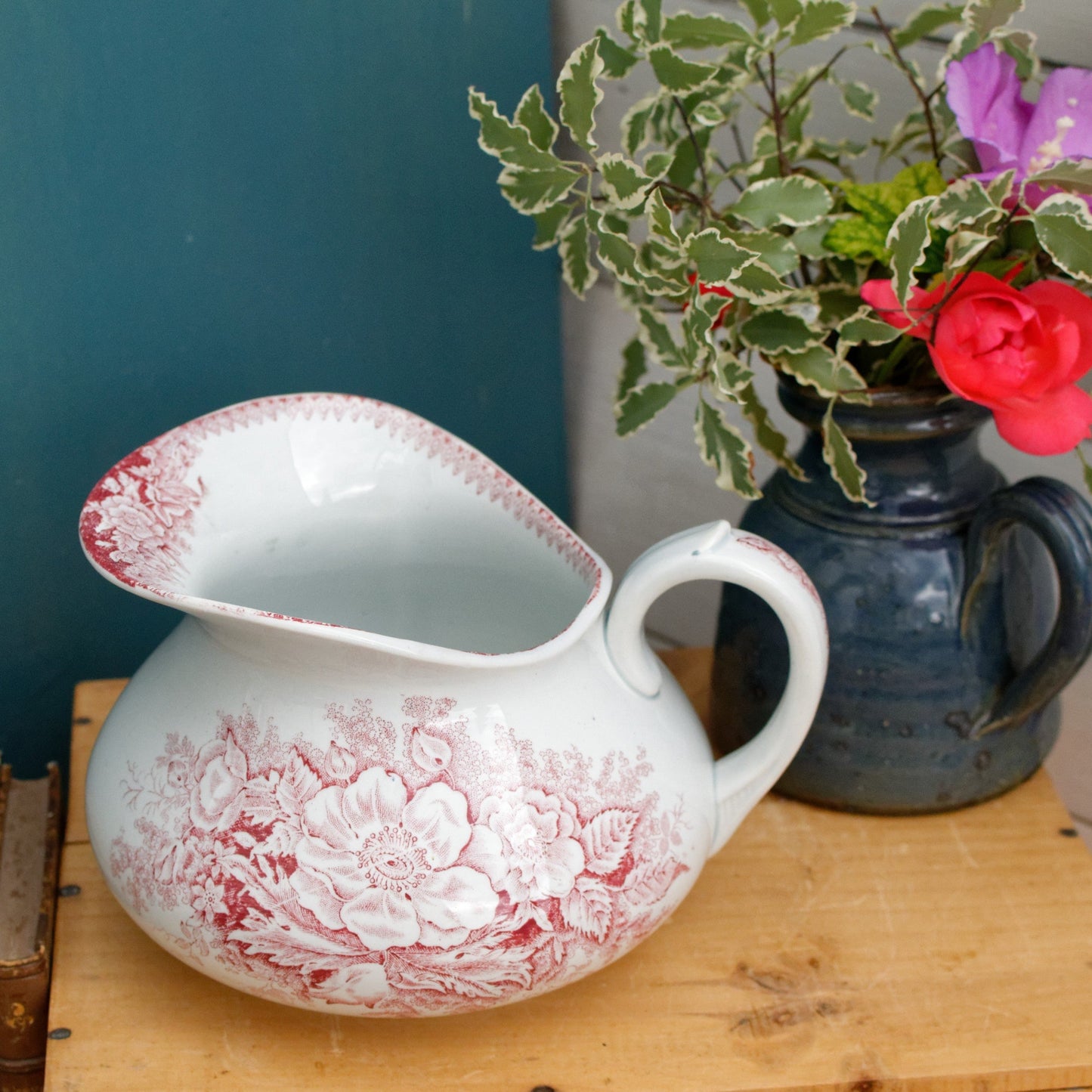JARDINIERE A.Lebacqz & M.Bouchart St Amand Nord French Antique Collectible Ironstone Red Transferware Bathroom Pitcher BROC Terre de fer