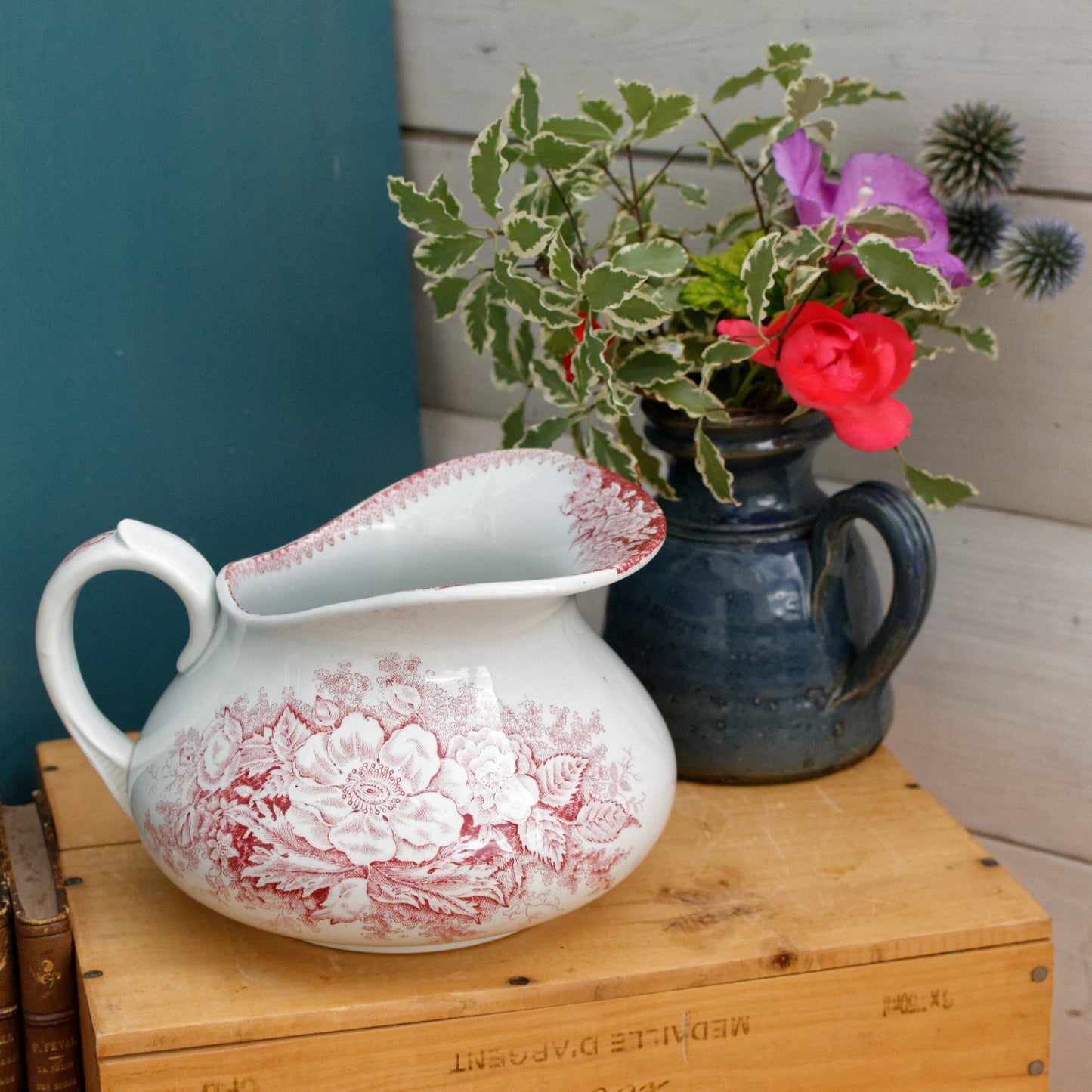 JARDINIERE A.Lebacqz & M.Bouchart St Amand Nord French Antique Collectible Ironstone Red Transferware Bathroom Pitcher BROC Terre de fer