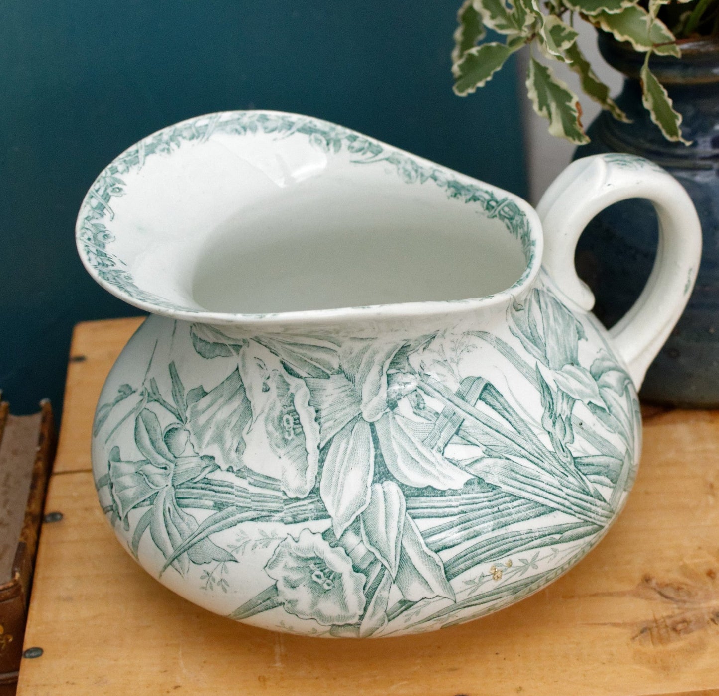 JONQUILLE A.Lebacqz & M.Bouchart St Amand Nord French Antique Collectible Ironstone Teal Transferware Bathroom Pitcher BROC & Soap Dish Terre de fer faience