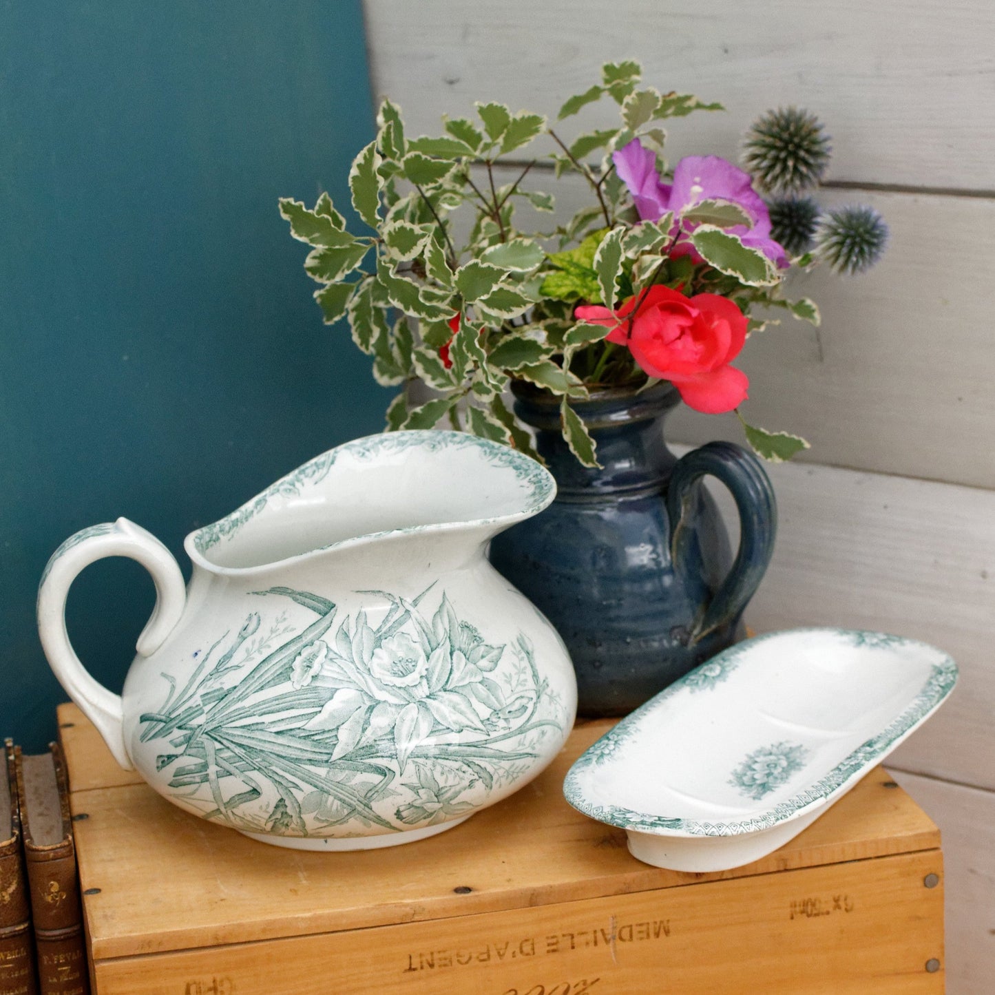 JONQUILLE A.Lebacqz & M.Bouchart St Amand Nord French Antique Collectible Ironstone Teal Transferware Bathroom Pitcher BROC & Soap Dish Terre de fer faience