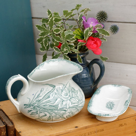 JONQUILLE A.Lebacqz & M.Bouchart St Amand Nord French Antique Collectible Ironstone Teal Transferware Bathroom Pitcher BROC & Soap Dish Terre de fer faience