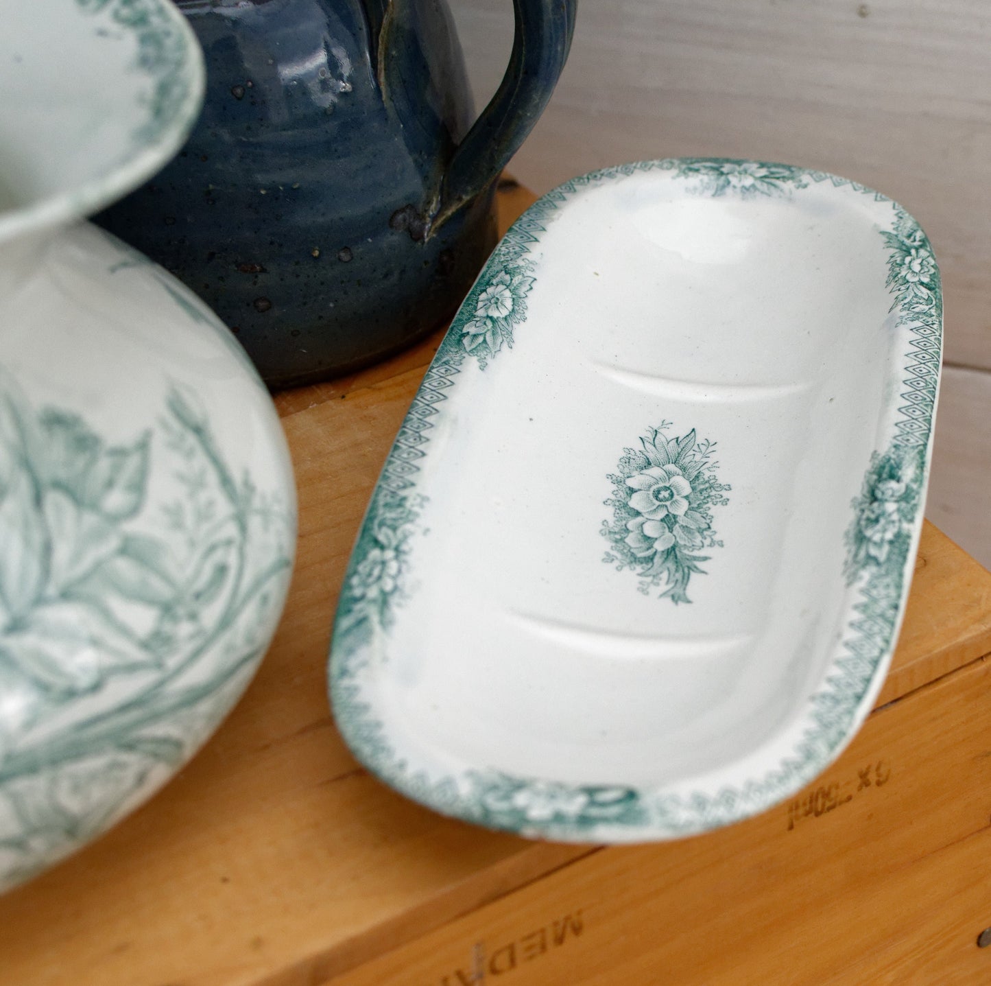 JONQUILLE A.Lebacqz & M.Bouchart St Amand Nord French Antique Collectible Ironstone Teal Transferware Bathroom Pitcher BROC & Soap Dish Terre de fer faience