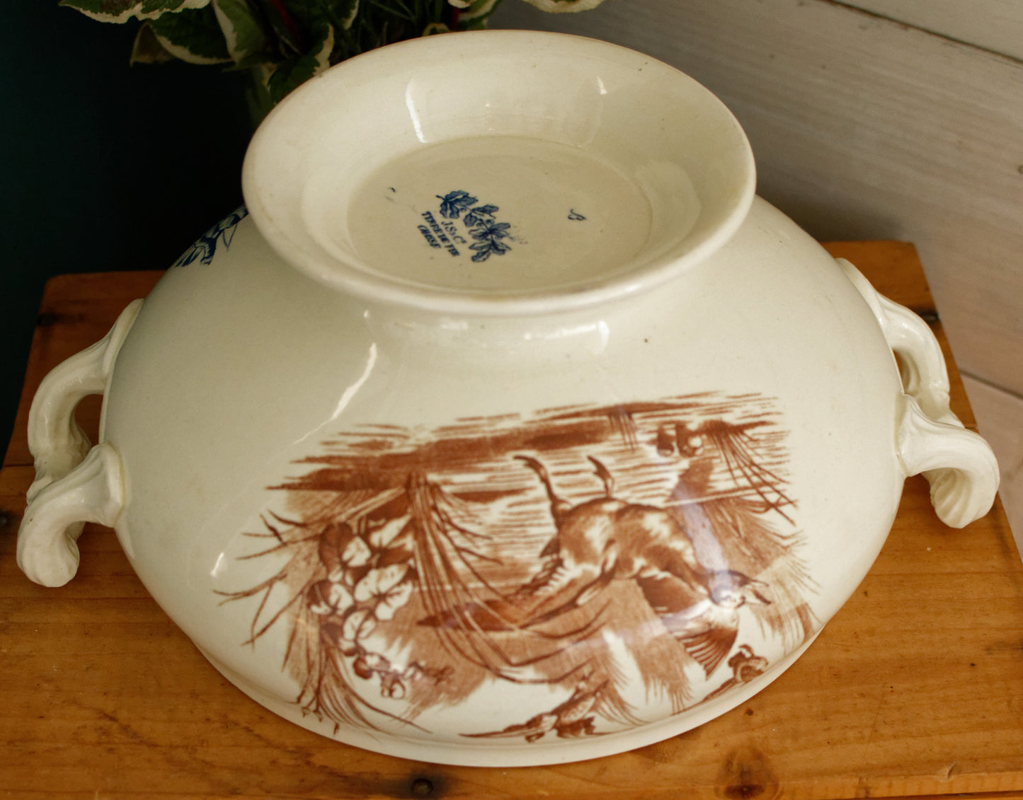 CHASSE JS&Cie Faïencerie de Clairefontaine French Antique Ironstone Brown Blue Transferware Soup Tureen Soupiere Terre de fer en Faience
