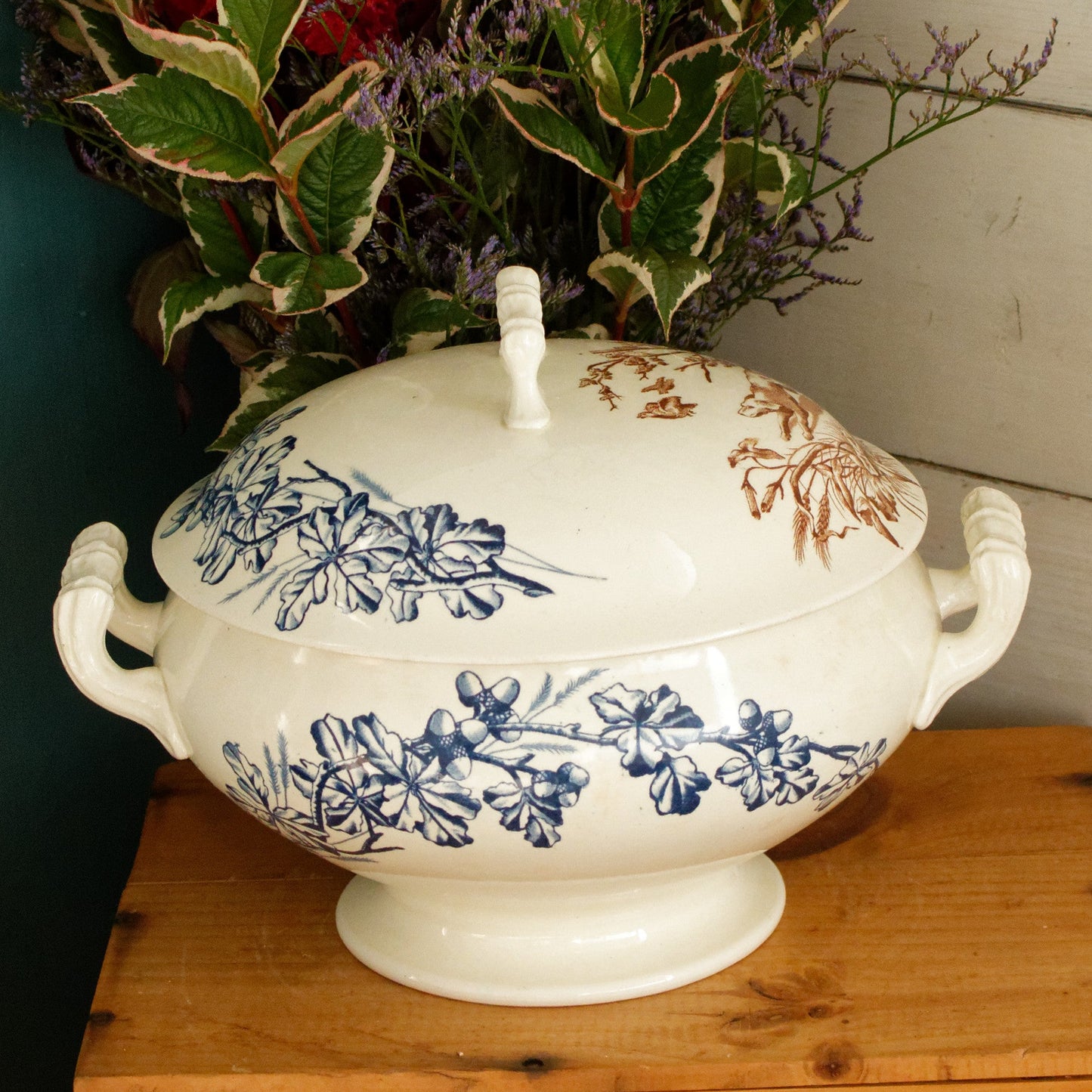 CHASSE JS&Cie Faïencerie de Clairefontaine French Antique Ironstone Brown Blue Transferware Soup Tureen Soupiere Terre de fer en Faience