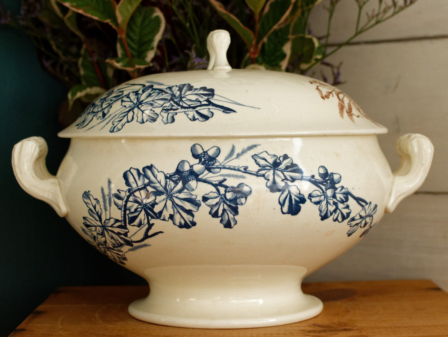 CHASSE JS&Cie Faïencerie de Clairefontaine French Antique Ironstone Brown Blue Transferware Soup Tureen Soupiere Terre de fer en Faience
