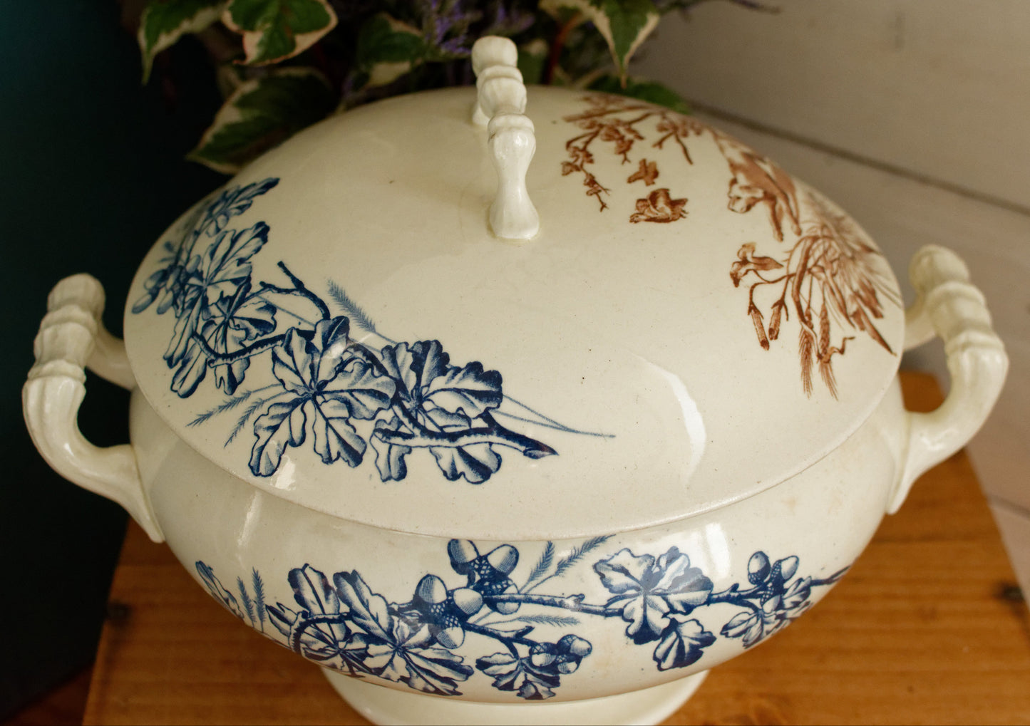 CHASSE JS&Cie Faïencerie de Clairefontaine French Antique Ironstone Brown Blue Transferware Soup Tureen Soupiere Terre de fer en Faience