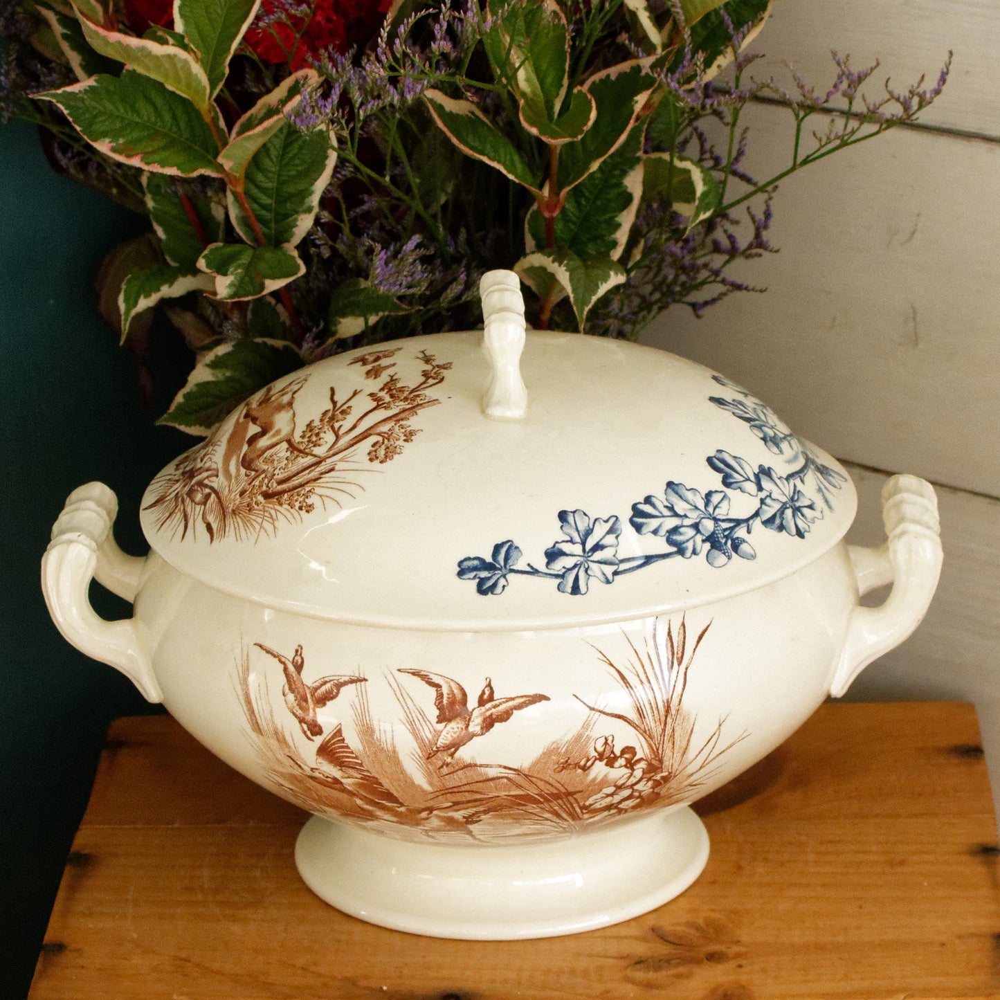 CHASSE JS&Cie Faïencerie de Clairefontaine French Antique Ironstone Brown Blue Transferware Soup Tureen Soupiere Terre de fer en Faience