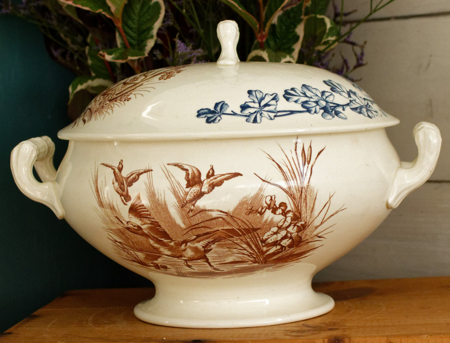 CHASSE JS&Cie Faïencerie de Clairefontaine French Antique Ironstone Brown Blue Transferware Soup Tureen Soupiere Terre de fer en Faience