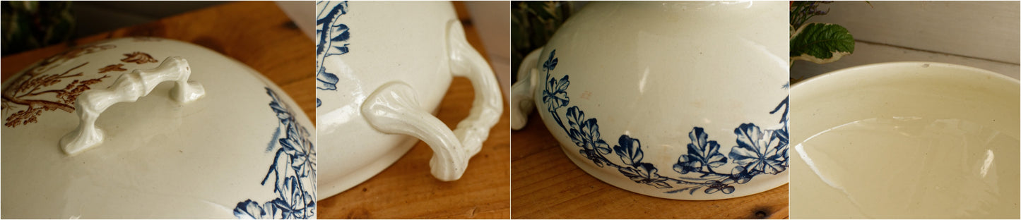 CHASSE JS&Cie Faïencerie de Clairefontaine French Antique Ironstone Brown Blue Transferware Soup Tureen Soupiere Terre de fer en Faience