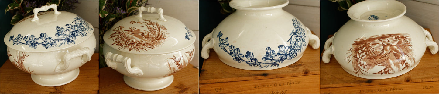 CHASSE JS&Cie Faïencerie de Clairefontaine French Antique Ironstone Brown Blue Transferware Soup Tureen Soupiere Terre de fer en Faience