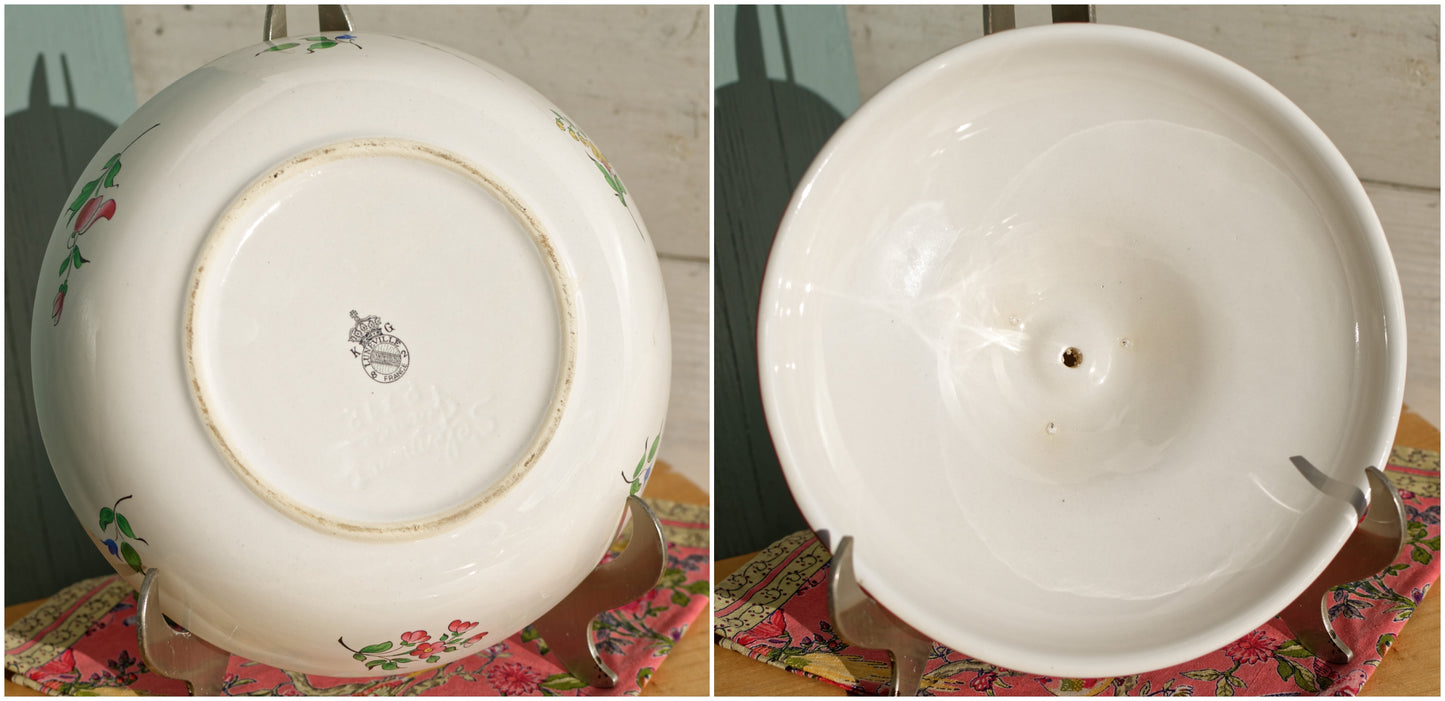 1930s ~ "Reverbere" K&G (Keller et Guérin) Lunéville ~ French Antique Ironstone Hand-Painted Covered Serving Bowl "Creux" ~ Faience Terre de Fer