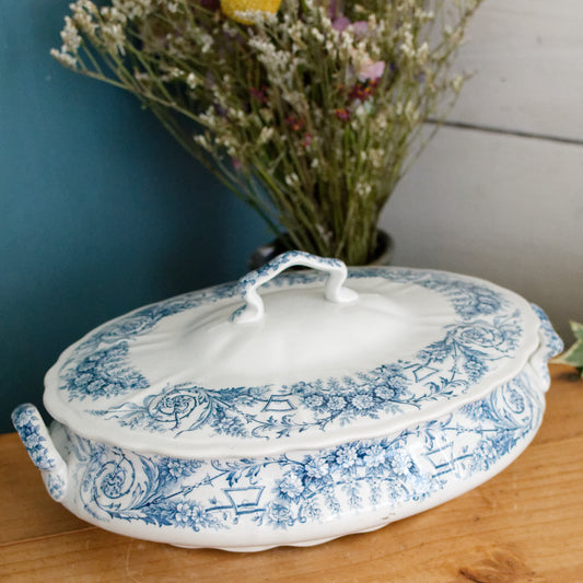 LAMBALLE Motif St Amand et Hamage Nord French Antique Ironstone Blue Transferware Soup Tureen Soupiere Terre de Fer Faience