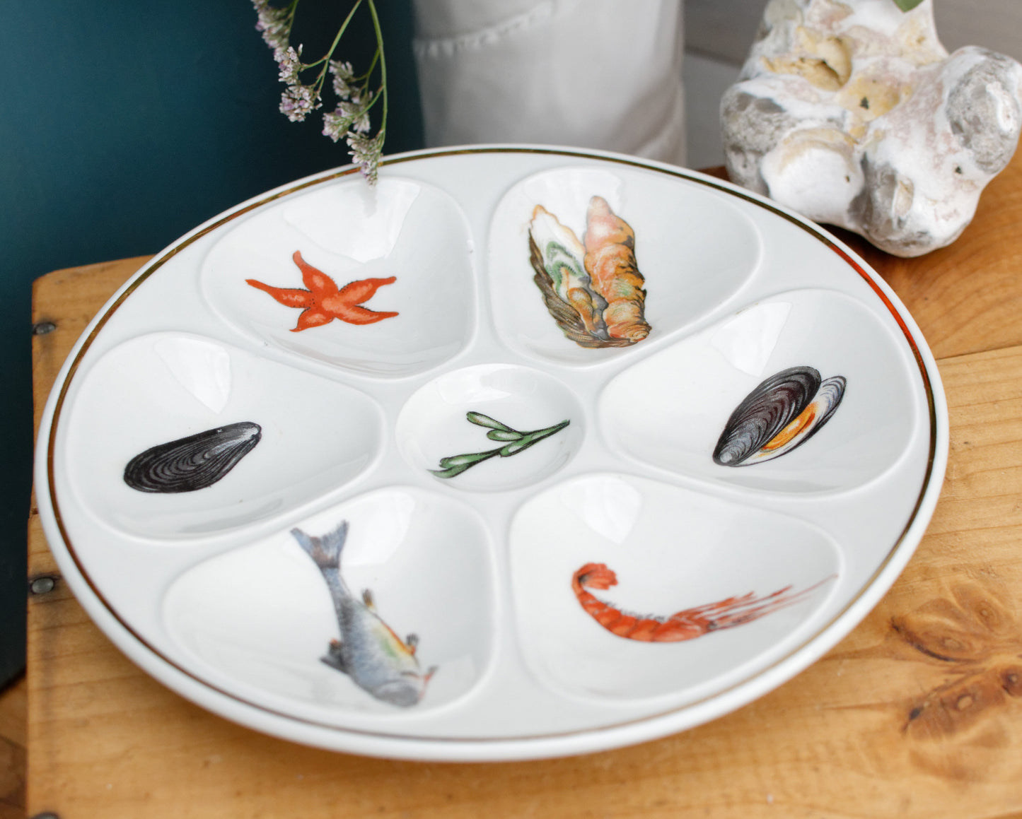 1950s E.B.F. LIMOGES Porcelaine France French Vintage Fine Porcelain Oyster "Huître" Shellfish Plate with 6 Wells Terre de Fer en Faience