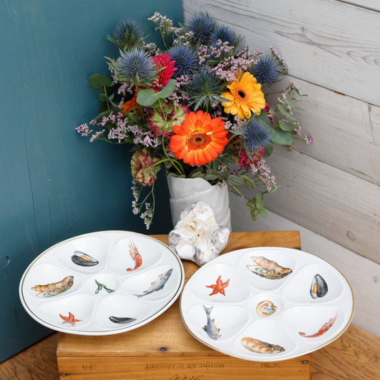 1950s E.B.F. LIMOGES Porcelaine France French Vintage Fine Porcelain Oyster "Huître" Shellfish Plate with 6 Wells Terre de Fer en Faience