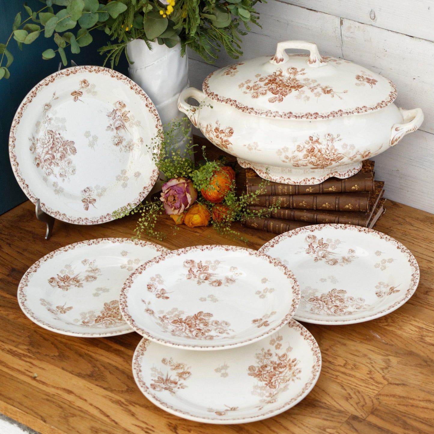 LUCIE Terre de Fer H.B. & Cie (Hautin, Boulenger) Choisy-Le-Roi French Antique Ironstone Brown Transferware Soup Tureen Soupiere Plate Faience