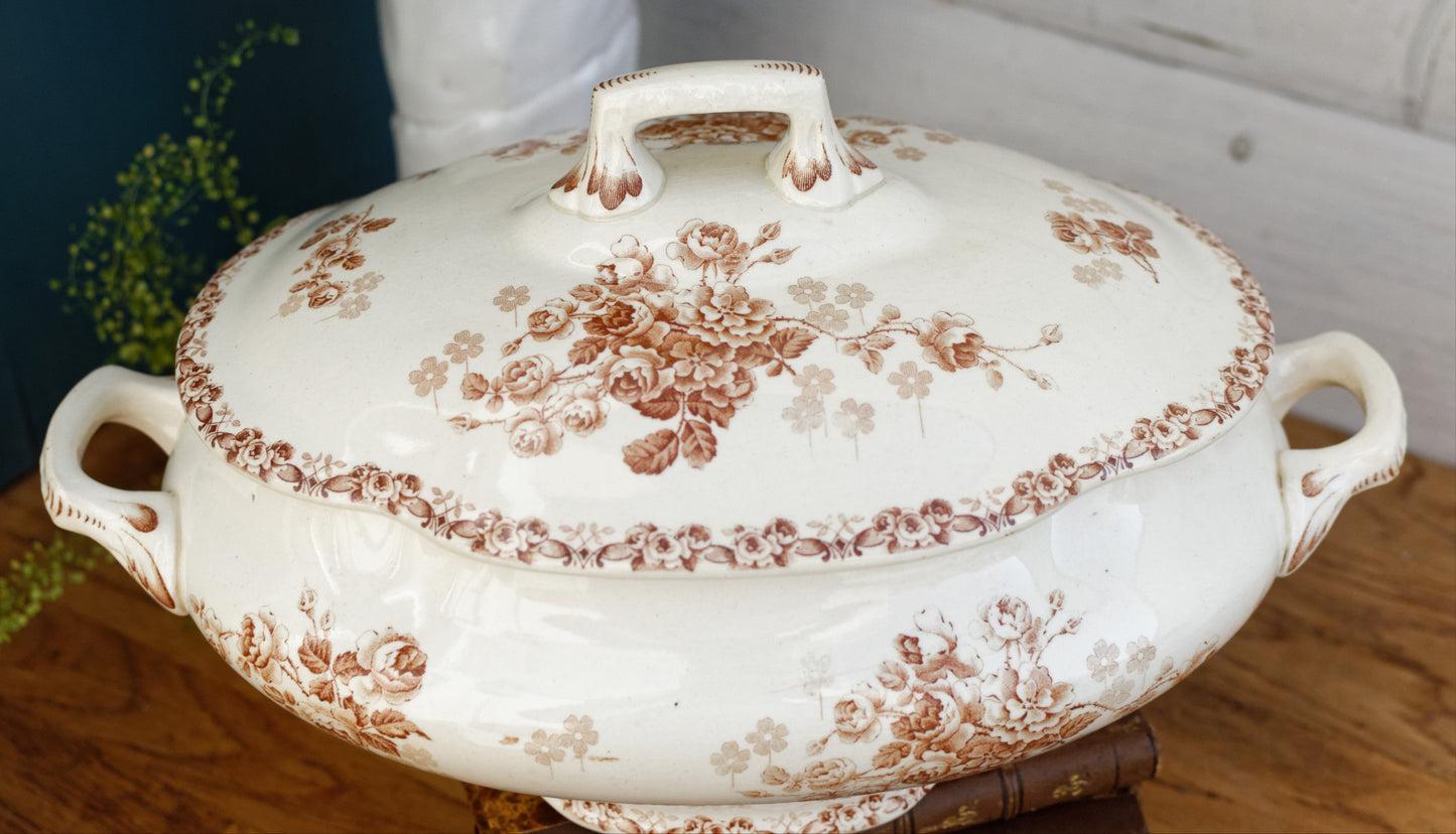 1890s ~ LUCIE Terre de Fer H.B. & Cie (Hautin, Boulenger) Choisy-Le-Roi ~ French Antique Ironstone Brown Transferware Soup Tureen "Soupiere" ~ Terre de Fer Faience