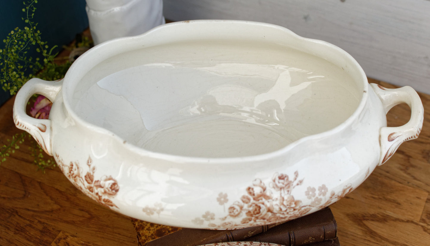 1890s ~ LUCIE Terre de Fer H.B. & Cie (Hautin, Boulenger) Choisy-Le-Roi ~ French Antique Ironstone Brown Transferware Soup Tureen "Soupiere" ~ Terre de Fer Faience